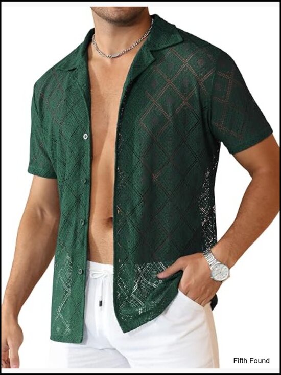 Other - Men's Sheer Lace Button Down Shirt Hollow Out Short Sleeve Casual Beach Shirt